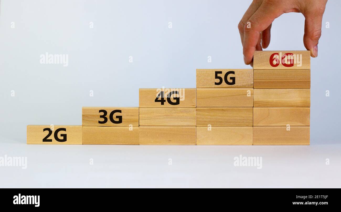 6G network evolution symbol. Hand holding a wooden block with 6g symbol ...