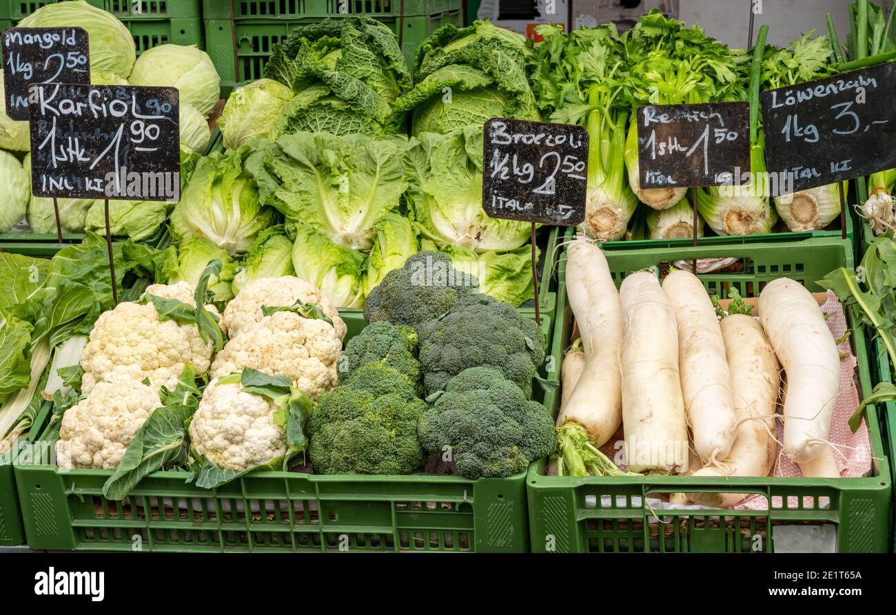 Broccoli, cauliflower and radish for sale at a market Stock Photo - Alamy