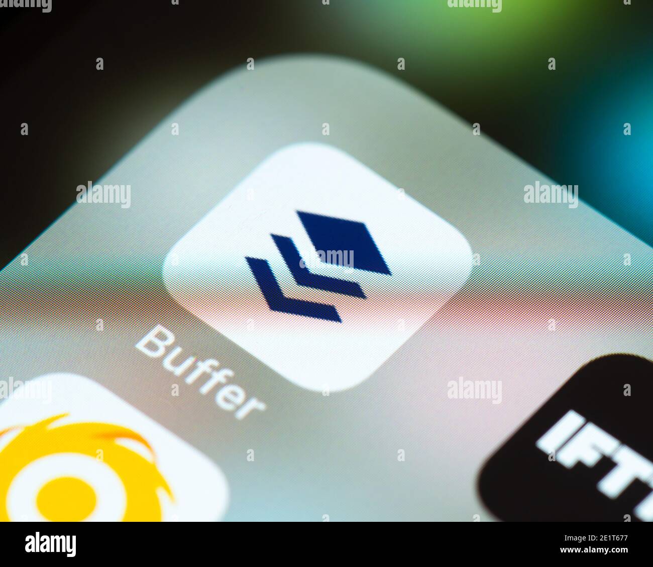 Buffer app icon on Apple iPhone screen. Buffer is an application for