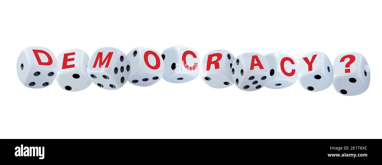 White dice with black eyes numbers spelling DEMOCRACY? in red letters isolated on white background. Concept of democracy. Stock Photo