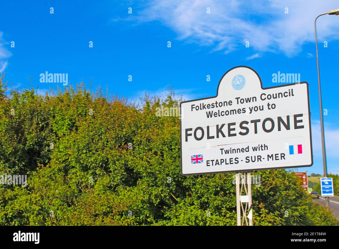 Road sign at Folkestone.It is a port town on the English Channel, in