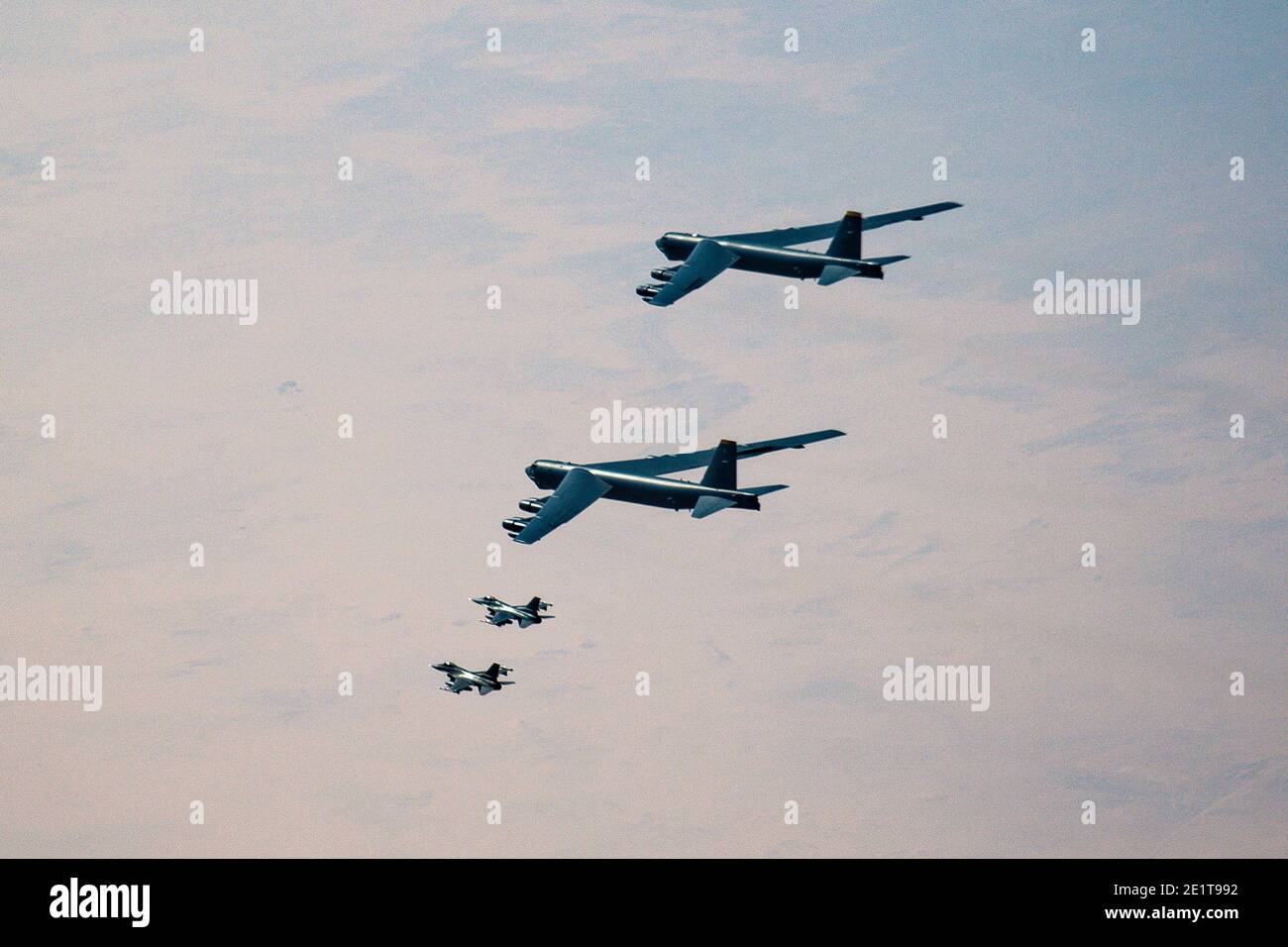 Saudi Arabia, Saudi Arabia. 09th Jan, 2021. U.S. Air Force B-52 Stratofortress strategic bomber aircraft are escorted by U.S. Air Force F-16 Fighting Falcon fighter jets as they fly over Saudi airspace January 7, 2021 in Saudi Arabia. The bomber and escort is a show of force mission as a message to Iran. Credit: Planetpix/Alamy Live News Stock Photo