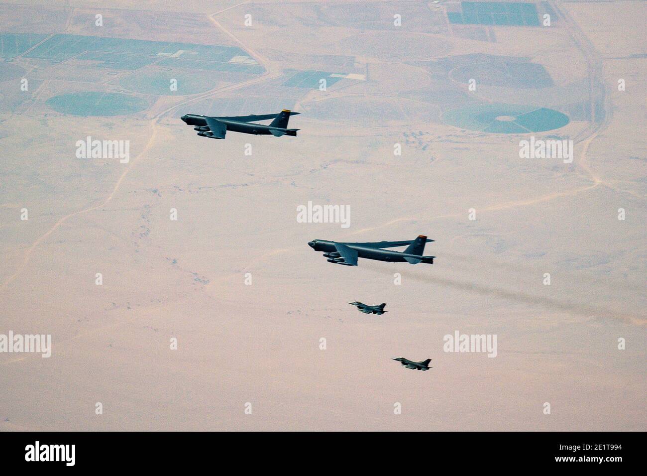 Saudi Arabia, Saudi Arabia. 09th Jan, 2021. U.S. Air Force B-52 Stratofortress strategic bomber aircraft are escorted by U.S. Air Force F-16 Fighting Falcon fighter jets as they fly over Saudi airspace January 7, 2021 in Saudi Arabia. The bomber and escort is a show of force mission as a message to Iran. Credit: Planetpix/Alamy Live News Stock Photo