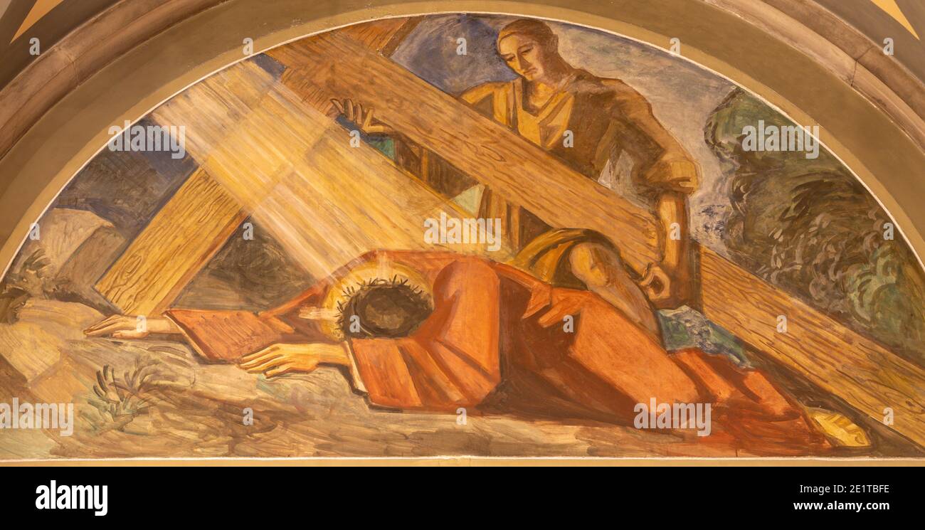 BARCELONA, SPAIN - MARCH 3, 2020: The fresco of Jesus fall under the cross in the church Santuario Nuestra Senora del Sagrado Corazon Stock Photo