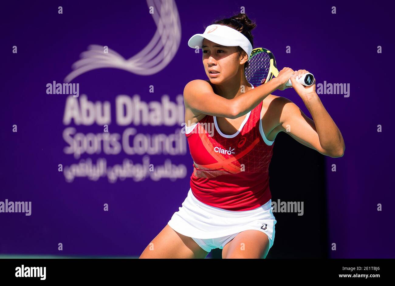 Leylah Fernandez Of Canada In Action Against Tamara Zidansek Of Slovenia During The Second Round At The 2021 Abu Dhabi Wta Women S Tennis Open Wta 500 Tournament On January 8 2021 In Leylah Fernandez Of Canada In Action Against Tamara Zidansek Of Slovenia During The Second Round At The 2021 Abu Dhabi Wta Women S Tennis Open Wta 500 Tournament On January 8 2021 In