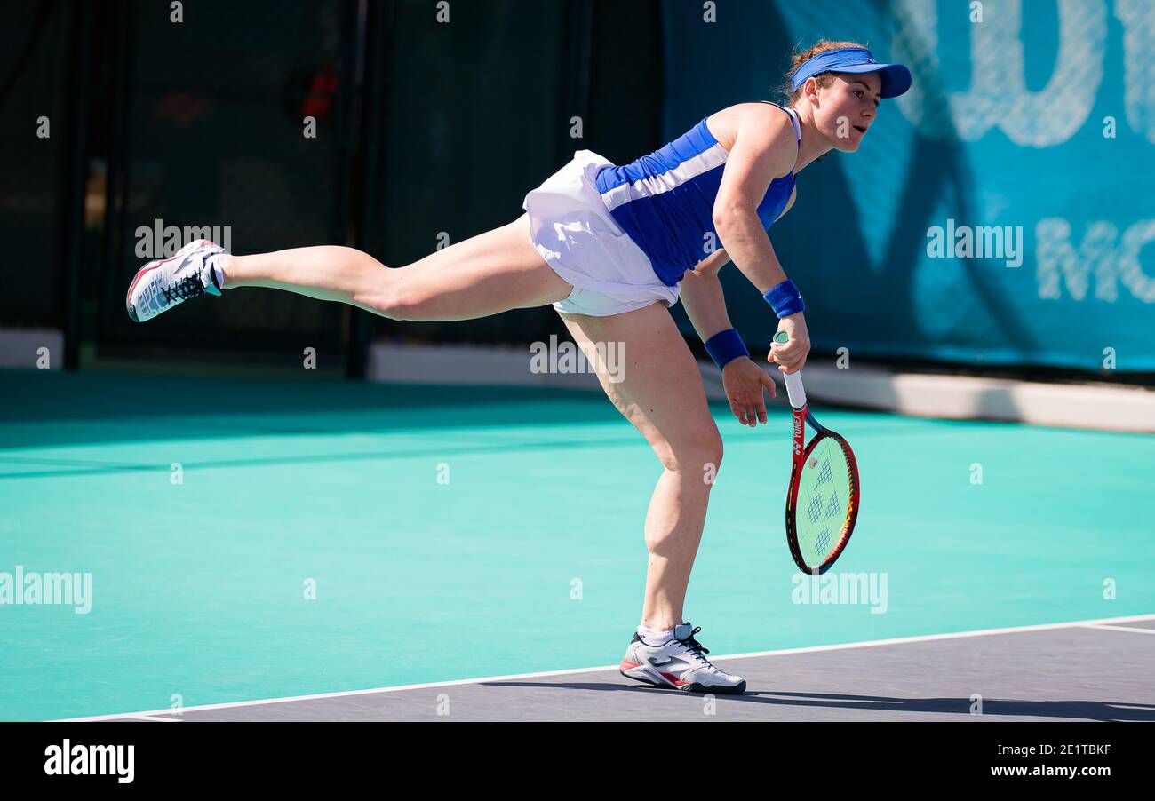 Tamara Zidansek of Slovenia in action against Leylah Fernandez of Canada  during the second round at the 2021 Abu Dhabi WTA Women's Tennis Open WTA  500 tournament on January 8, 2021 in