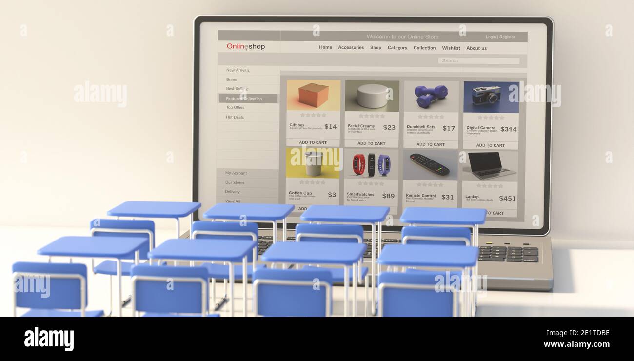 Online shop website, student desks and eshop, ecommerce web page on a  laptop screen, white background. 3d illustration Stock Photo - Alamy