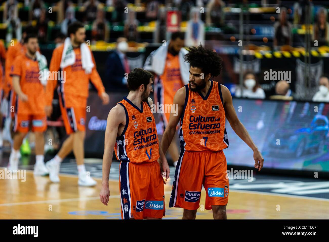 Bilbao, Basque Country, SPAIN. 9th Jan, 2021. LOUIS LABEYRIE (7) from Valencia  Basket and GUILLEM VIVES (16) from Valencia Basket during the Liga ACB week  19 game between Retabet Bilbao Basket and