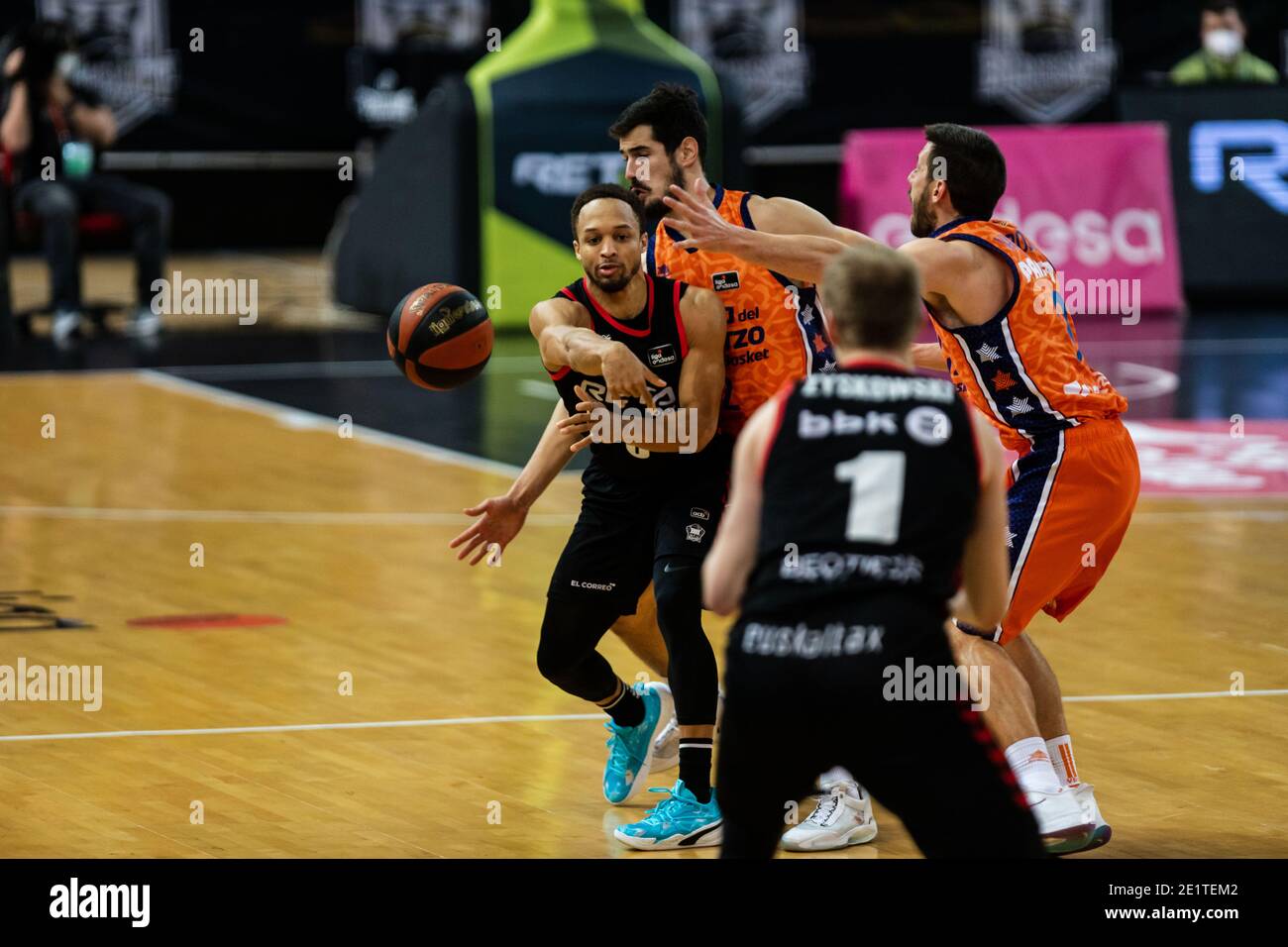 Bilbao, Basque Country, SPAIN. 9th Jan, 2021. JAYLON BROWN (3) from Bilbao  Basket passing the ball during the Liga ACB week 19 game between Retabet Bilbao  Basket and Valencia Basket Club at