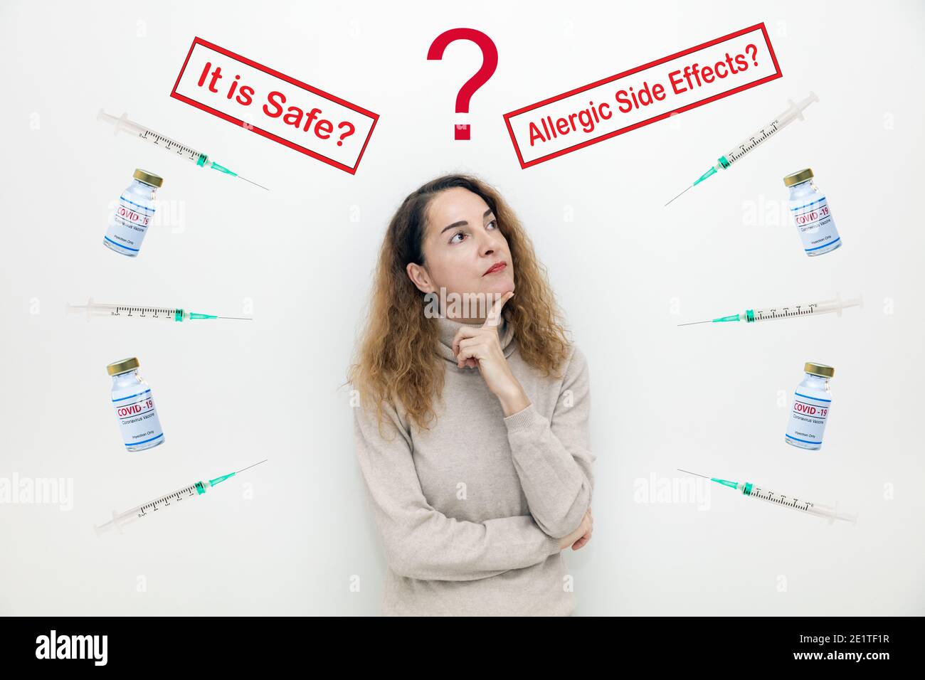 A serious woman with questions and doubts with covid-19 vaccine bottles and It is Safe and Allegic Side Effects signs Stock Photo