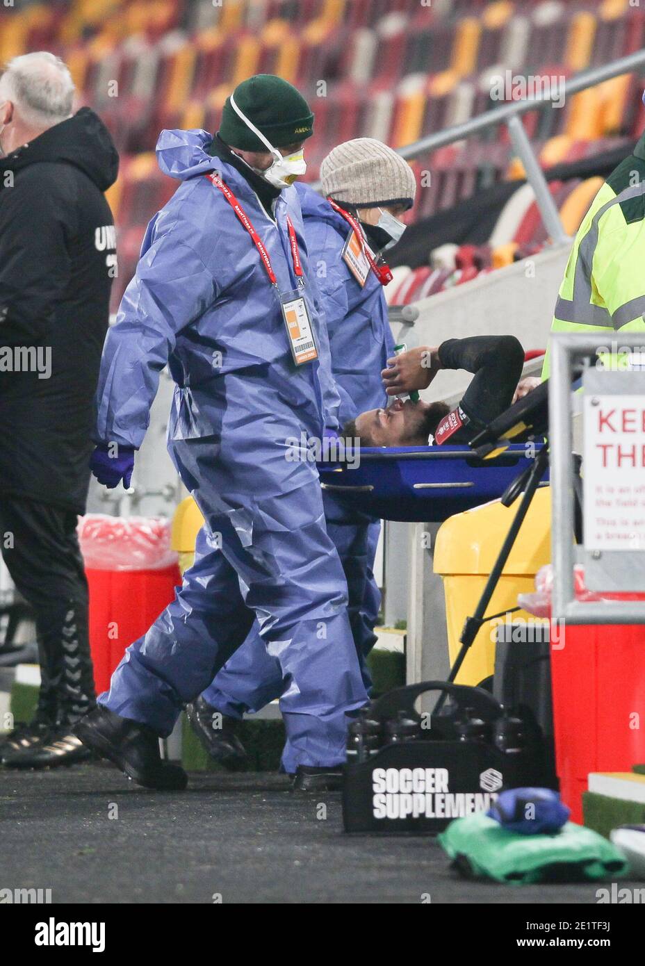 London, UK. 09th Jan, 2021. Marcus Browne of Middlesbrough is stretchered off the field during the The FA Cup 3rd Round match between Brentford and Middlesbrough at Brentford Community Stadium, London, England on 9 January 2021. Photo by Ken Sparks. Editorial use only, license required for commercial use. No use in betting, games or a single club/league/player publications. Credit: UK Sports Pics Ltd/Alamy Live News Stock Photo