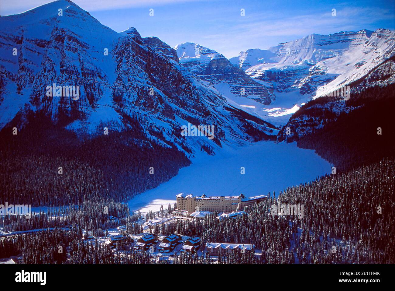 Aerial view of the Chateau Lake Louise Hotel in winter Banff Alberta Canada Stock Photo