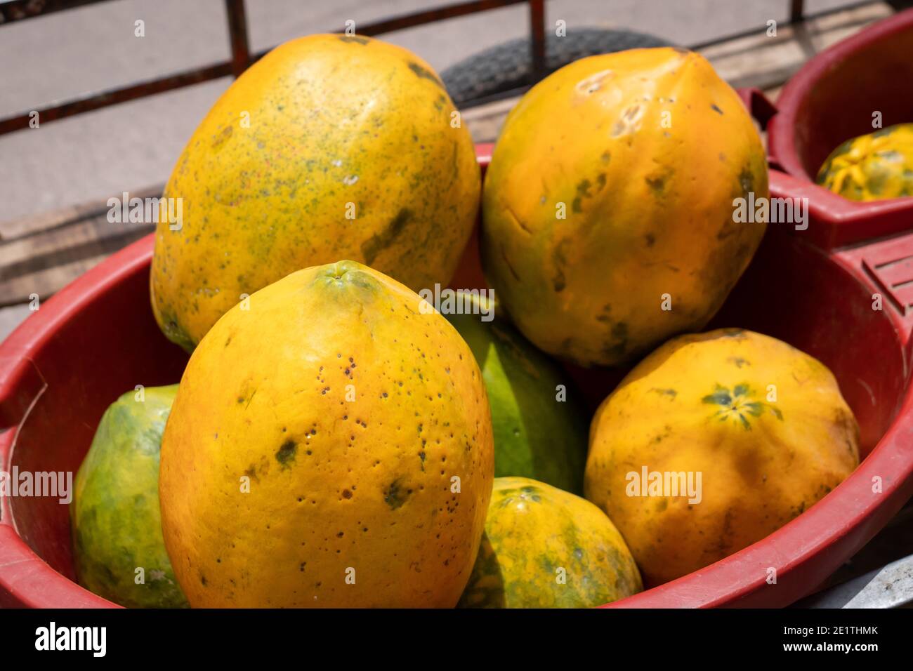 Papayas (Carica papaya) for sale at the market in Urubamba, Peru Stock Photo