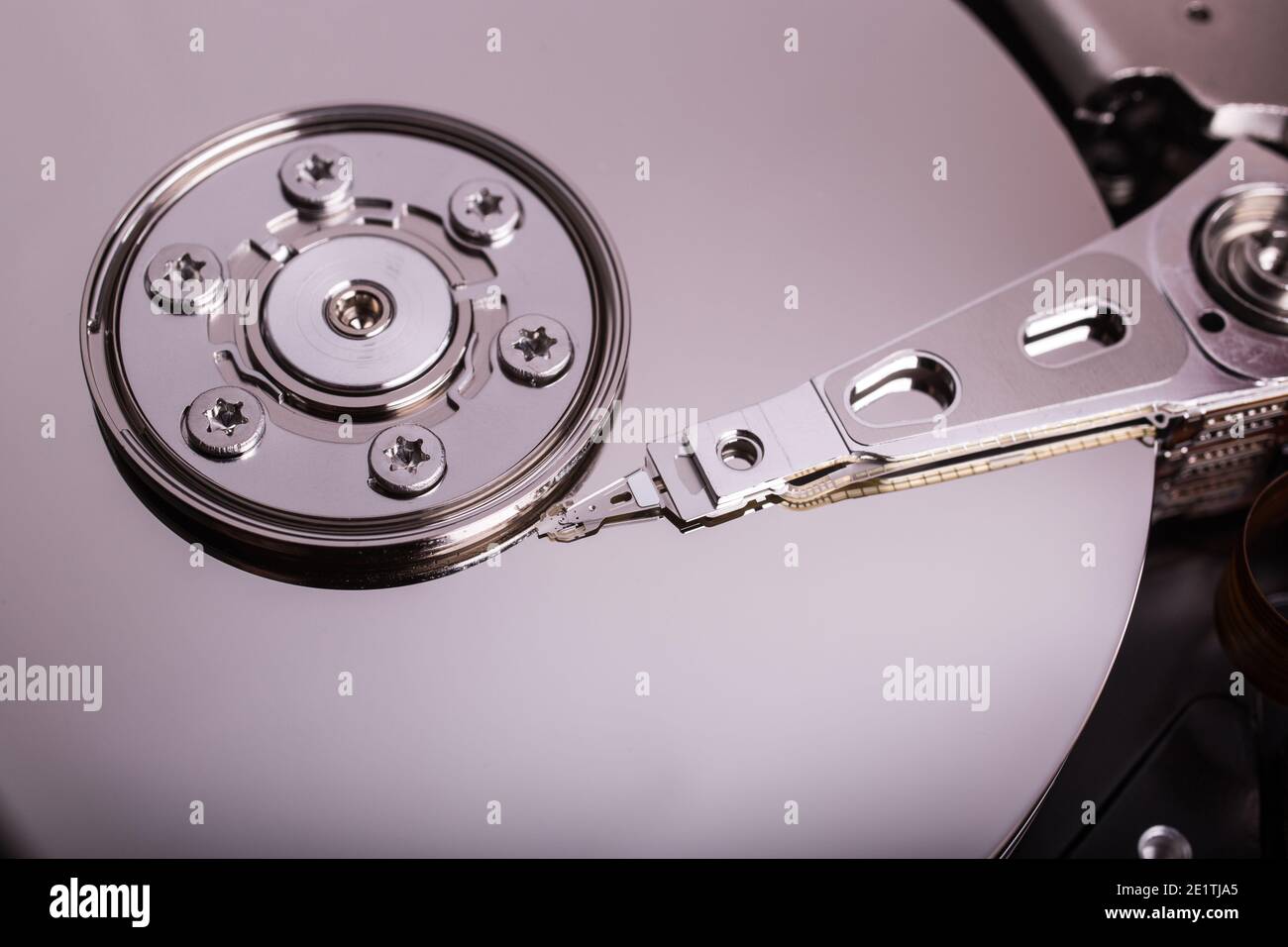 Macro view of spindle of the open hard disk drive, HDD, detail Stock Photo