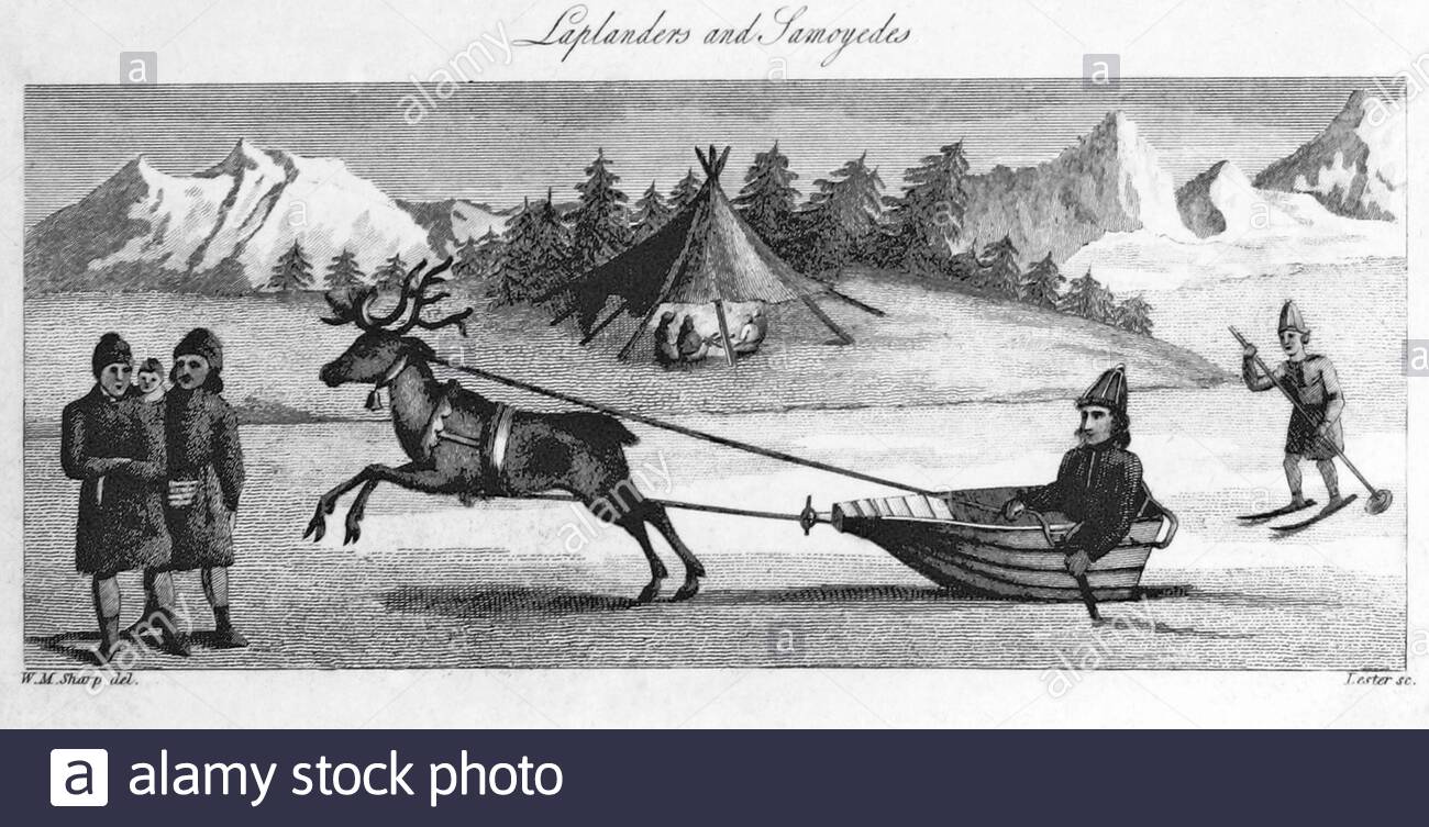Laplanders and Samoyedes, vintage illustration from 1810 Stock Photo