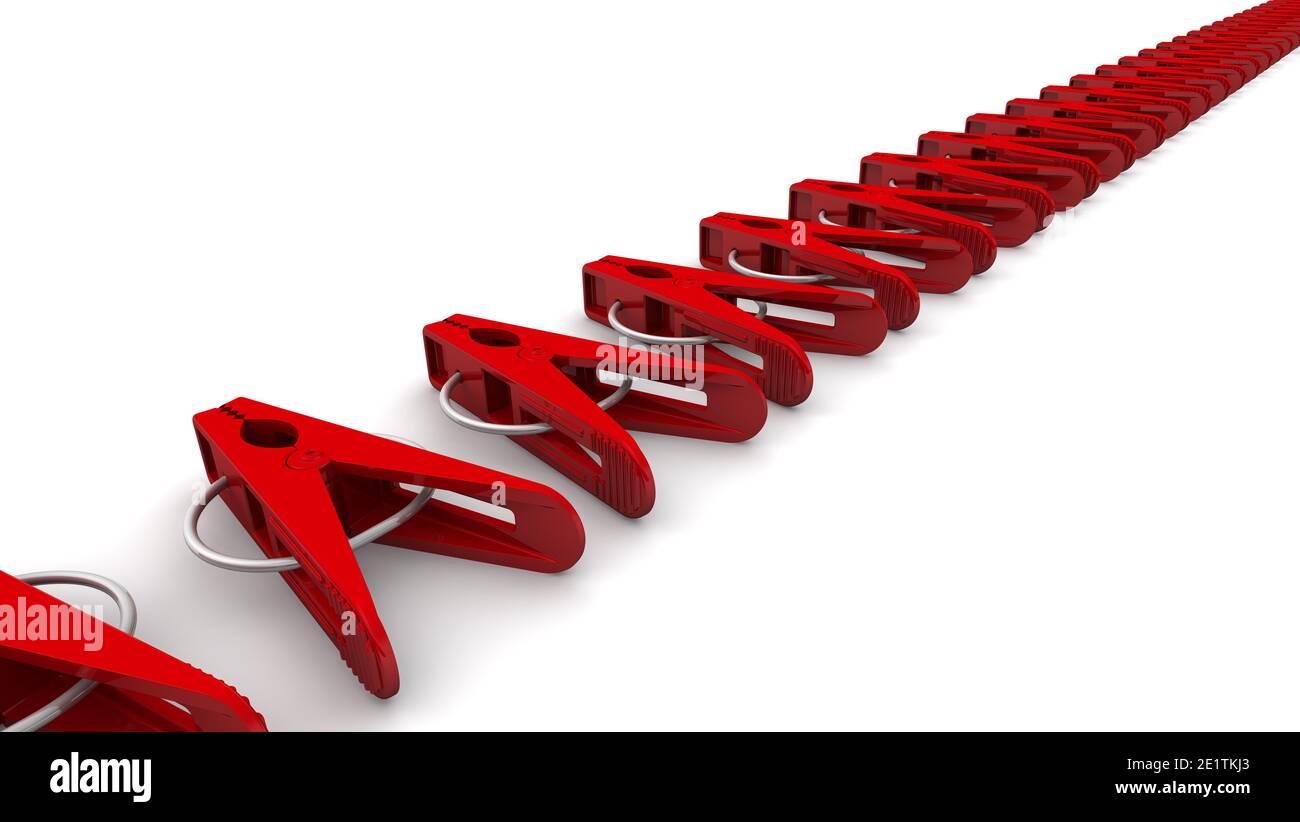 Clothespins made from plastic. Red plastic clothespins in a row on a