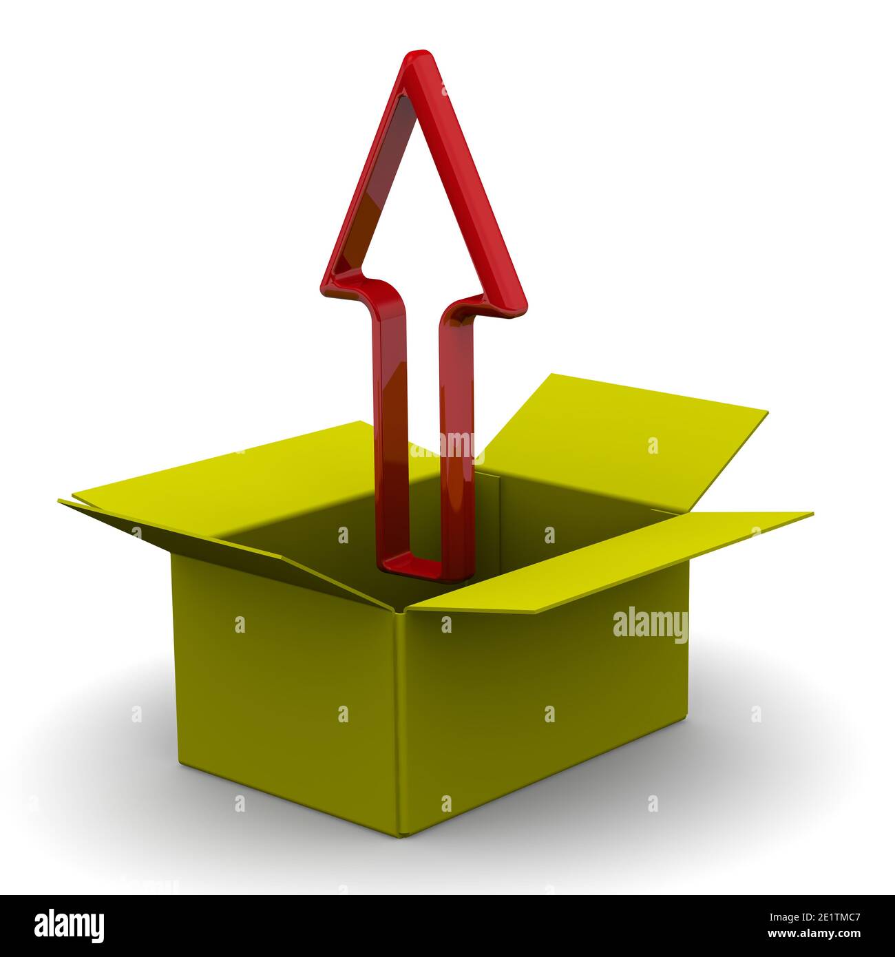The red arrow indicates the direction "out of the box". Open the yellow