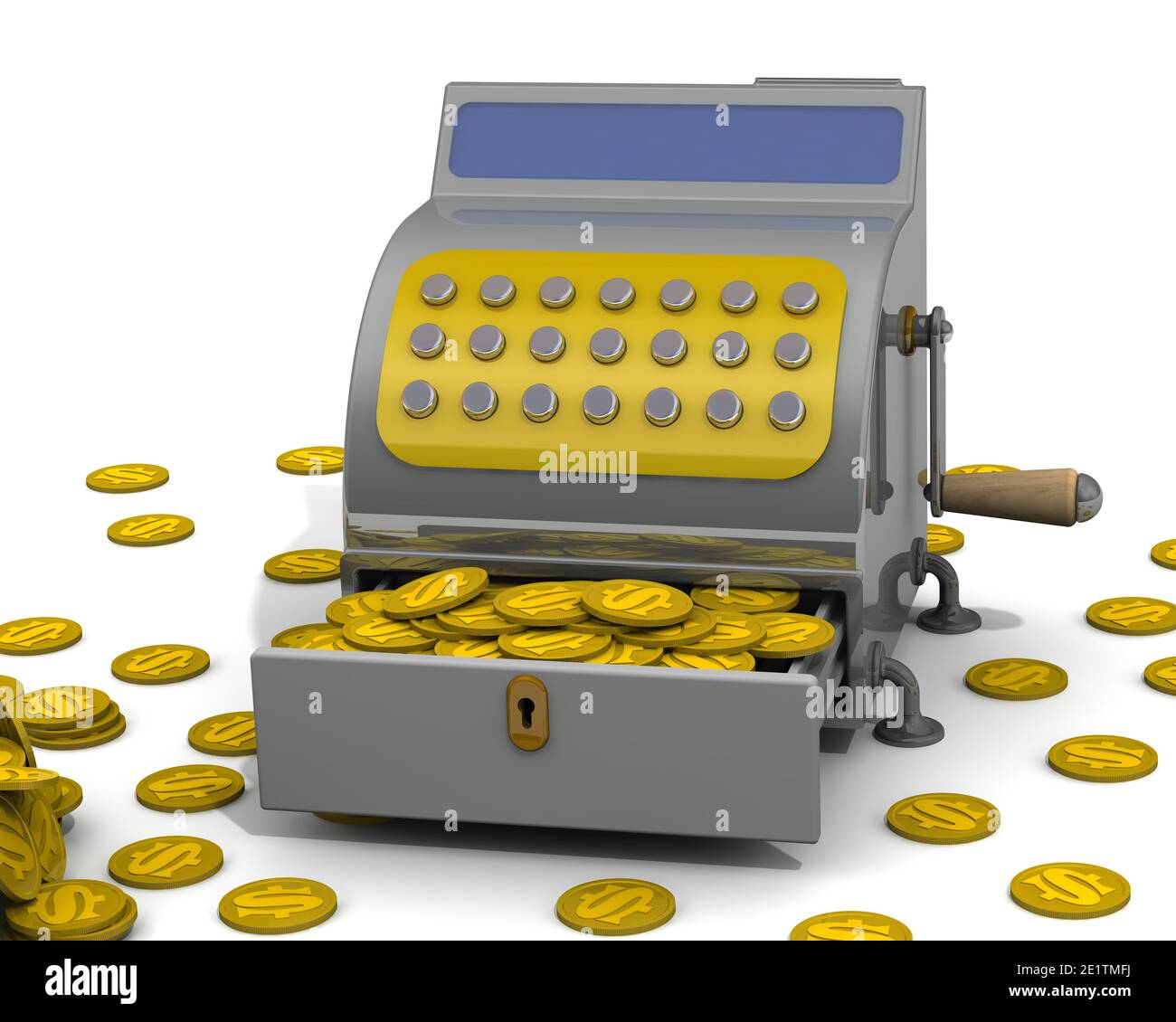 Open cash register filled with the USA coins and a lot of coins on a white surface. The concept of financial success. 3D Illustration Stock Photo