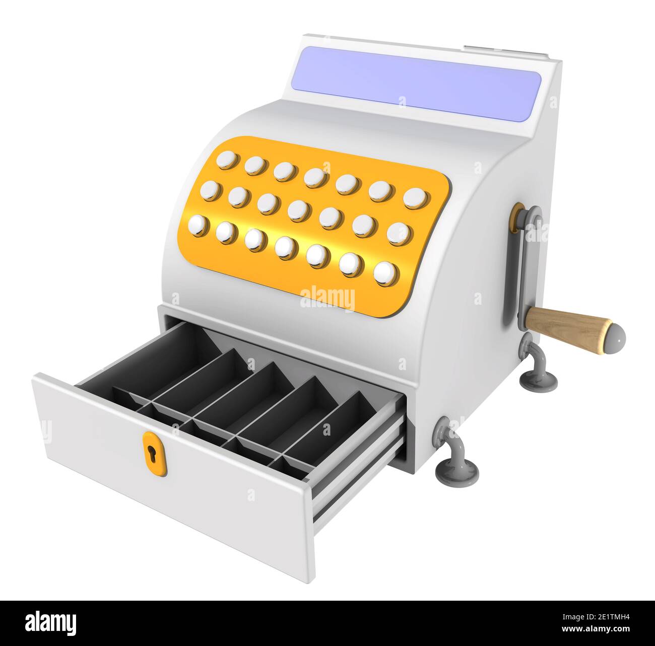 An empty cash register. Open an empty cash register on a white surface