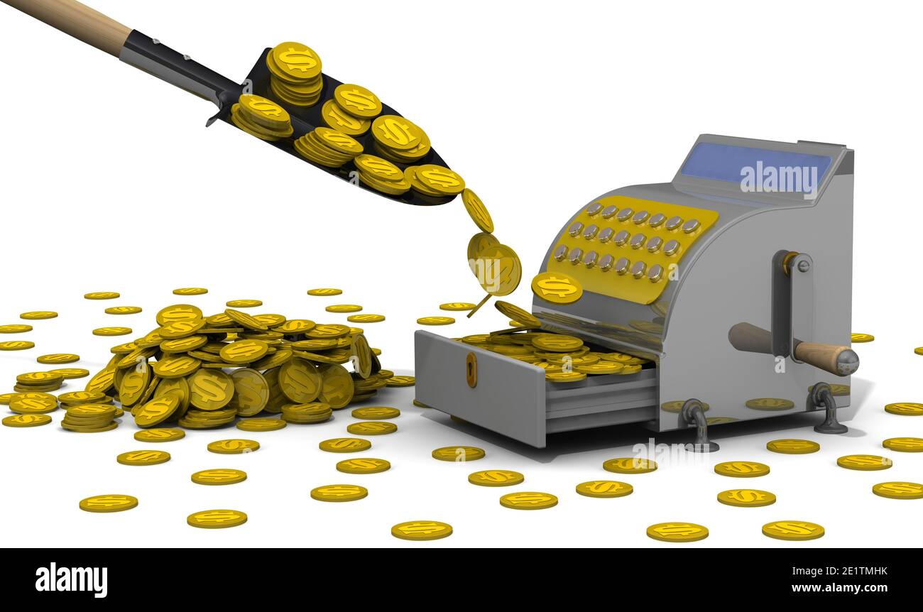 Financial success. The open cash register filled with the USA coins, shovel and a lot of coins on a white surface. The concept of financial success Stock Photo