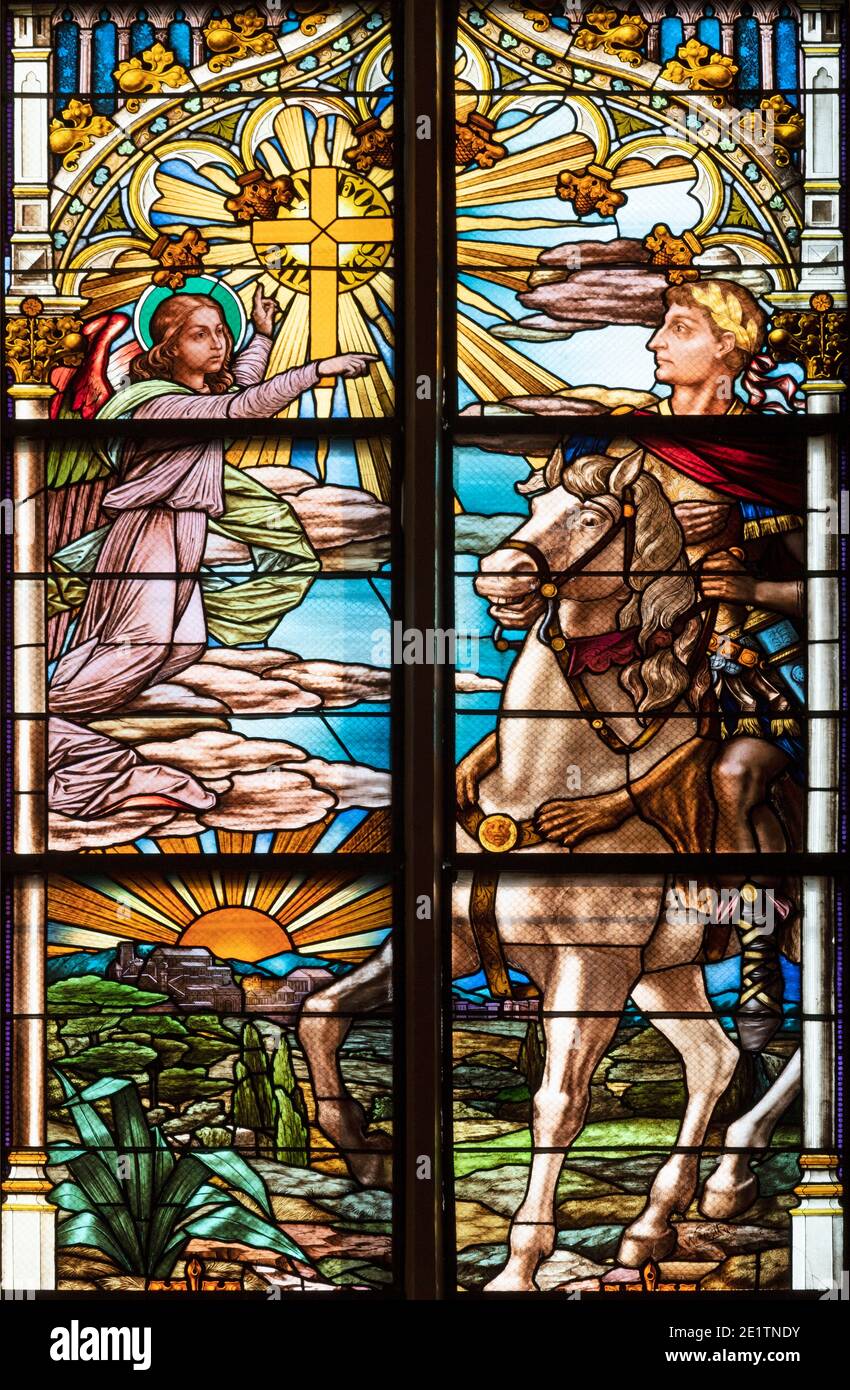 VIENNA, AUSTIRA - OCTOBER 22, 2020:  The dream of caesar Constaniene (in hoc signo vinces) on the stained glass in the Laurentiuskirche Stock Photo