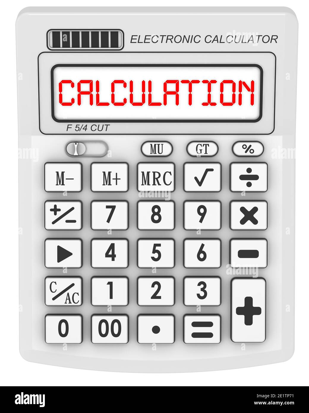Calculation. Word on the display of calculator. Red word CALCUALATION