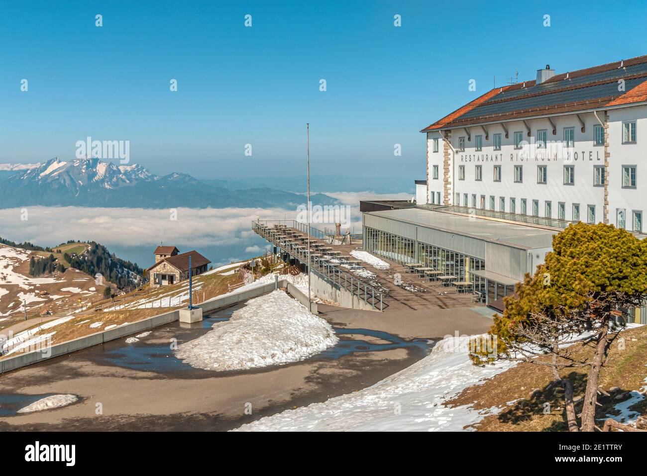 Rigi Kulm Hotel with Mt Pilatus at the background, Schwyz, Switzerland Stock Photo