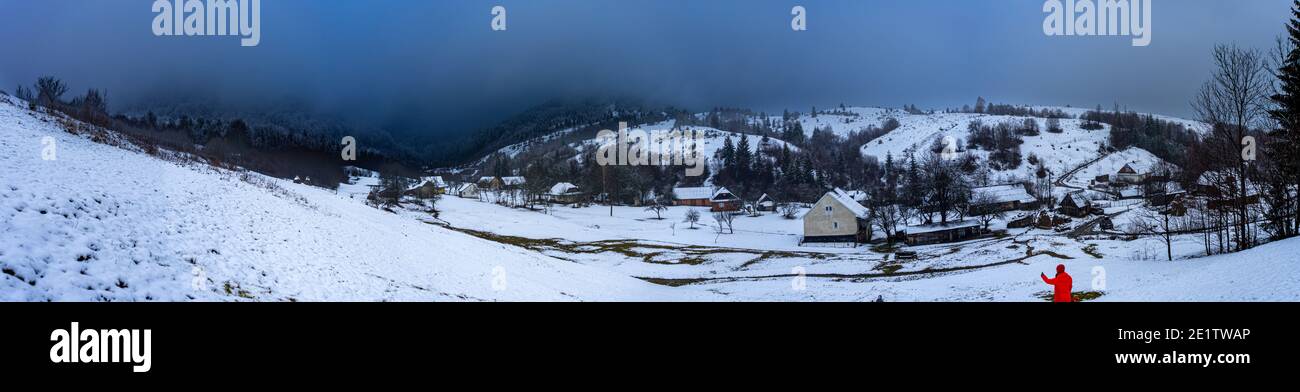 Panoramic view on Nord-East slopes of Polonina Borzhava from Tiuska village, Carpathian mountains, Ukraine Stock Photo