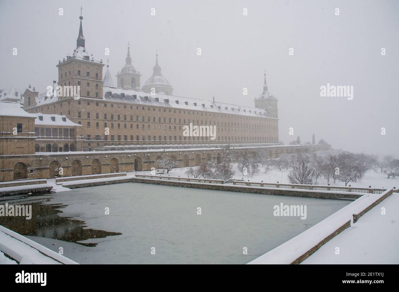 Snow day in San Lorenzo de El Escorial, Madrid. Stock Photo
