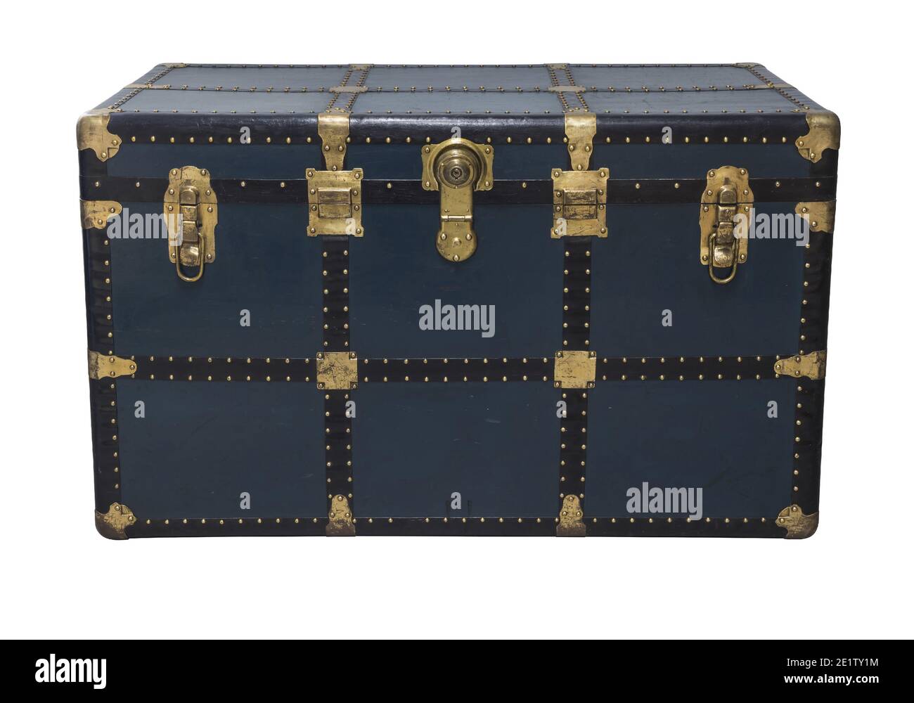 Antique Tin Travel Trunk Steamer Chest closed isolated on white