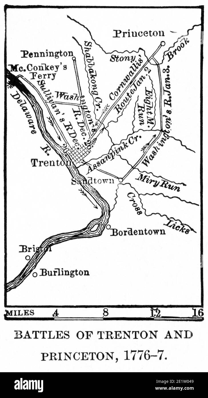 Battles of Trenton and Princeton, 1776-7, Map Illustration, Ridpath's History of the World, Volume III, by John Clark Ridpath, LL. D., Merrill & Baker Publishers, New York, 1897 Stock Photo