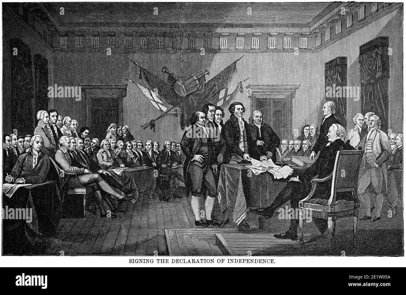 Signing the Declaration of Independence, Illustration, Ridpath's History of the World, Volume III, by John Clark Ridpath, LL. D., Merrill & Baker Publishers, New York, 1897 Stock Photo