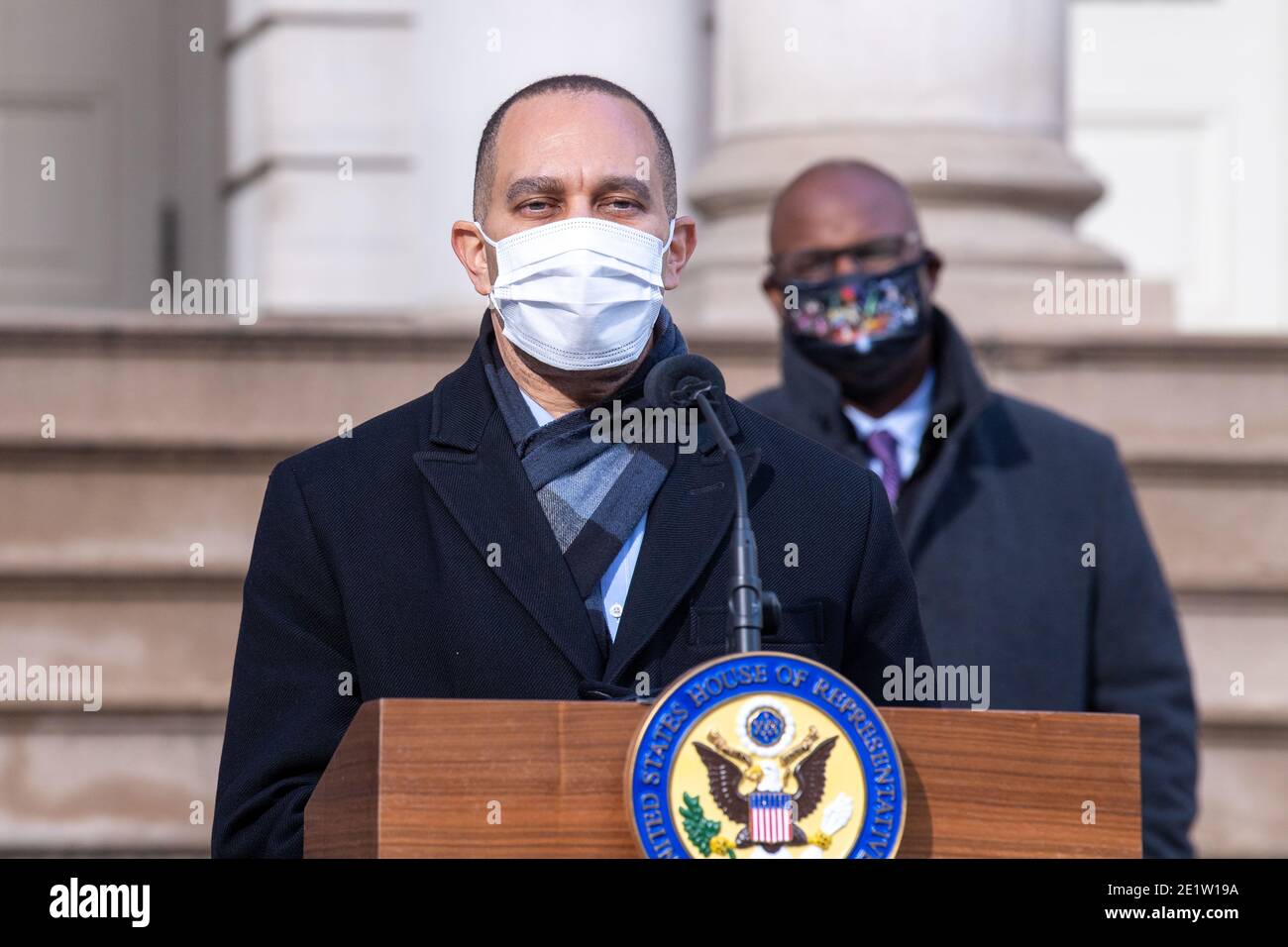 New York, United States. 09th Jan, 2021. NEW YORK, NY - JANUARY 09: Congressman Hakeem Jeffries (D-NY) speaks during a press conference at City Hall on January 9, 2021 in New York City. Mayor de Blasio joined the Congressional members and called for swift impeachment of President Donald Trump following the violent siege of the U.S. Capitol by Trump supporters that left five dead. Credit: Ron Adar/Alamy Live News Stock Photo