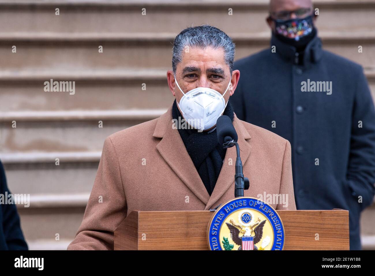 New York, United States. 09th Jan, 2021. NEW YORK, NY - JANUARY 09: Congressman Adriano Espaillat (D-NY) speaks during a press conference at City Hall on January 9, 2021 in New York City. Mayor de Blasio joined the Congressional members and called for swift impeachment of President Donald Trump following the violent siege of the U.S. Capitol by Trump supporters that left five dead. Credit: Ron Adar/Alamy Live News Stock Photo