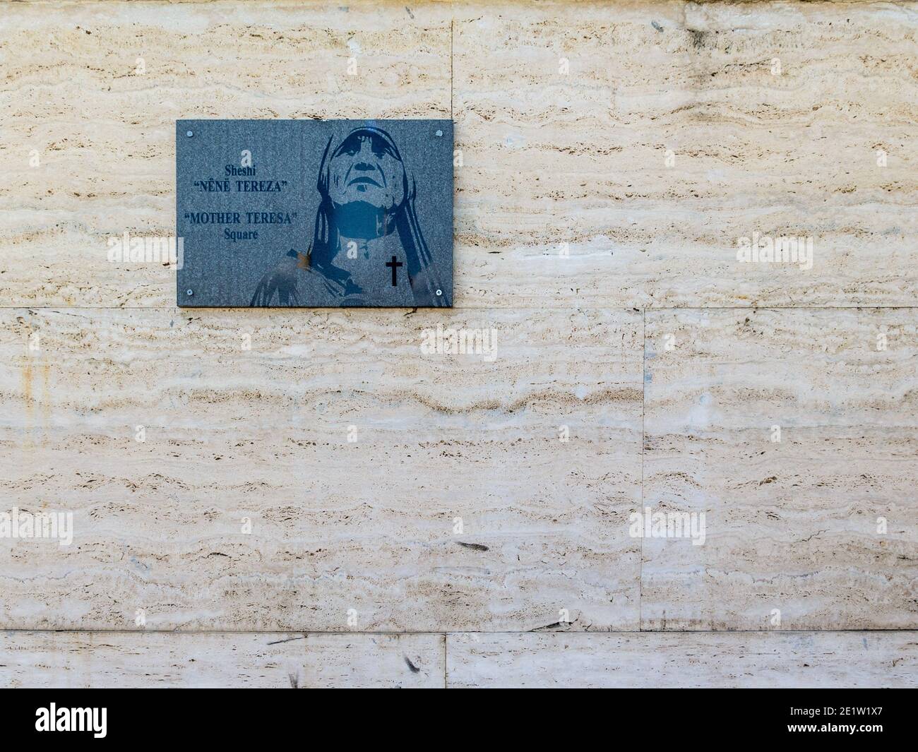 Memorial plaque of notable Albanian, Mother Teresa, in Mother Teresa Square, Tirana, Albania. Stock Photo