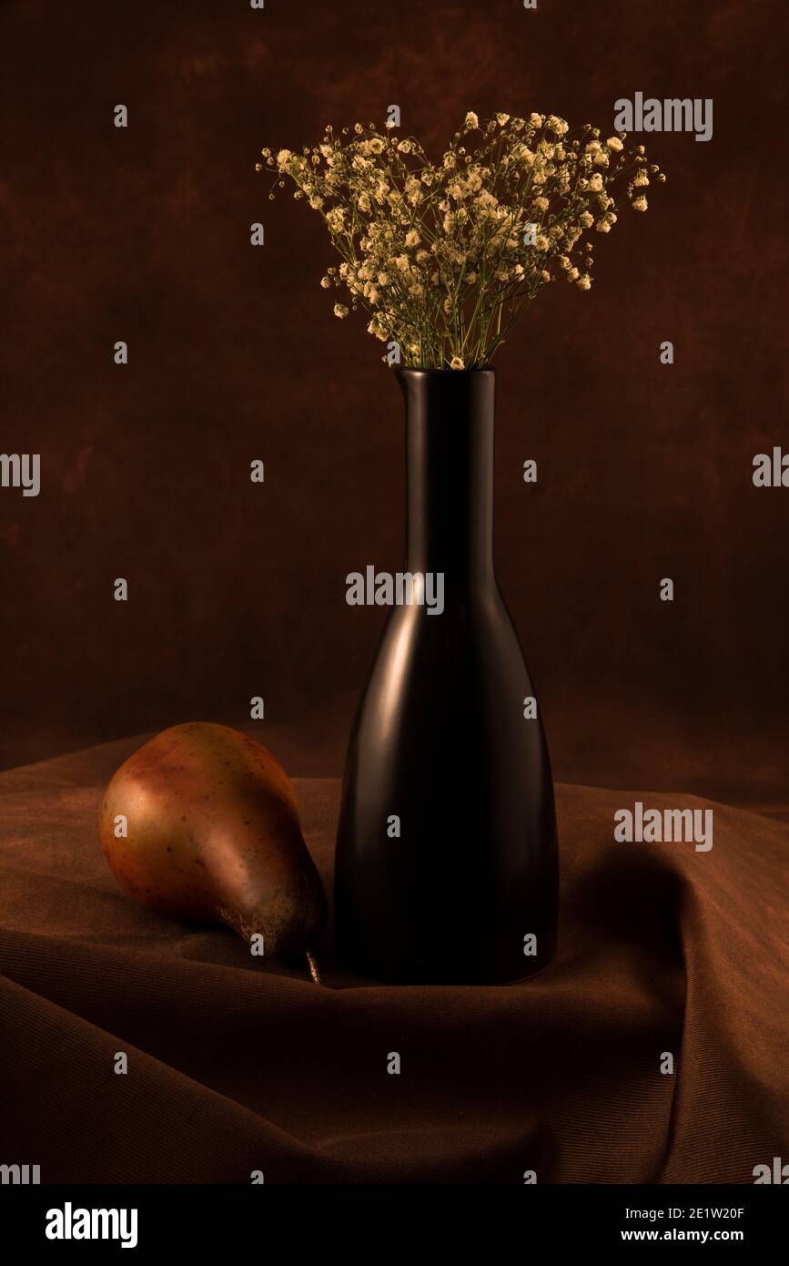 Single black vase with 'baby's' breath flowers, contrasted with pears.  A vintage looking still life with soft lighting. Stock Photo