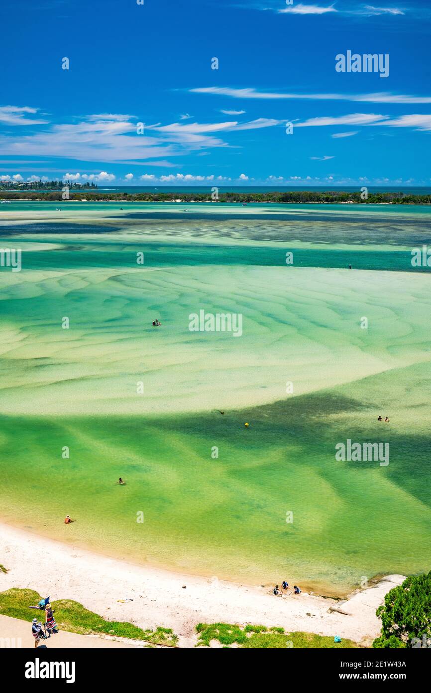Aerial views over Golden Beach of the Pumicestone Passage and Bribe