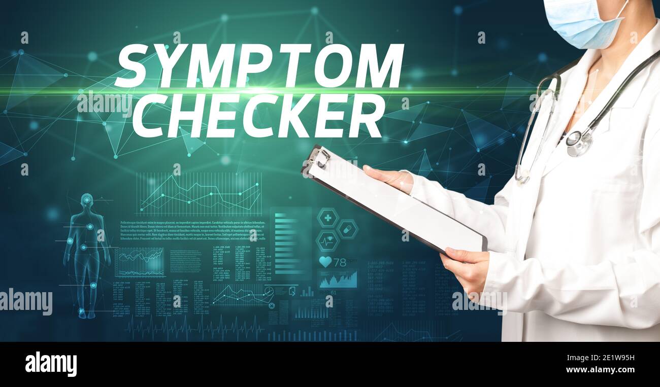 doctor writes notes on the clipboard with SYMPTOM CHECKER inscription