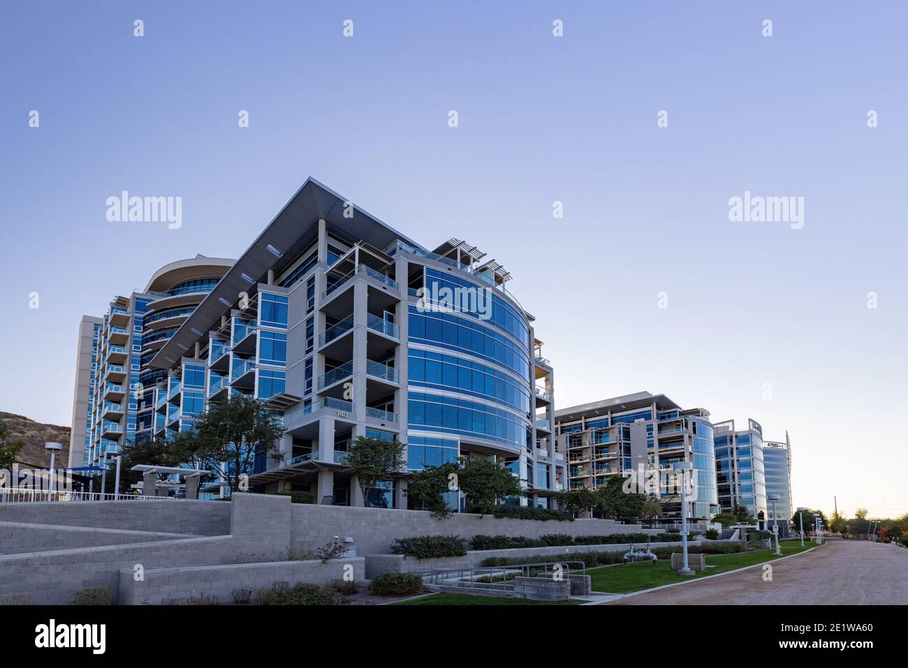 Tempe, JAN 1, 2021 - Exterior view of the modern Bridgeview Condominiums Stock Photo
