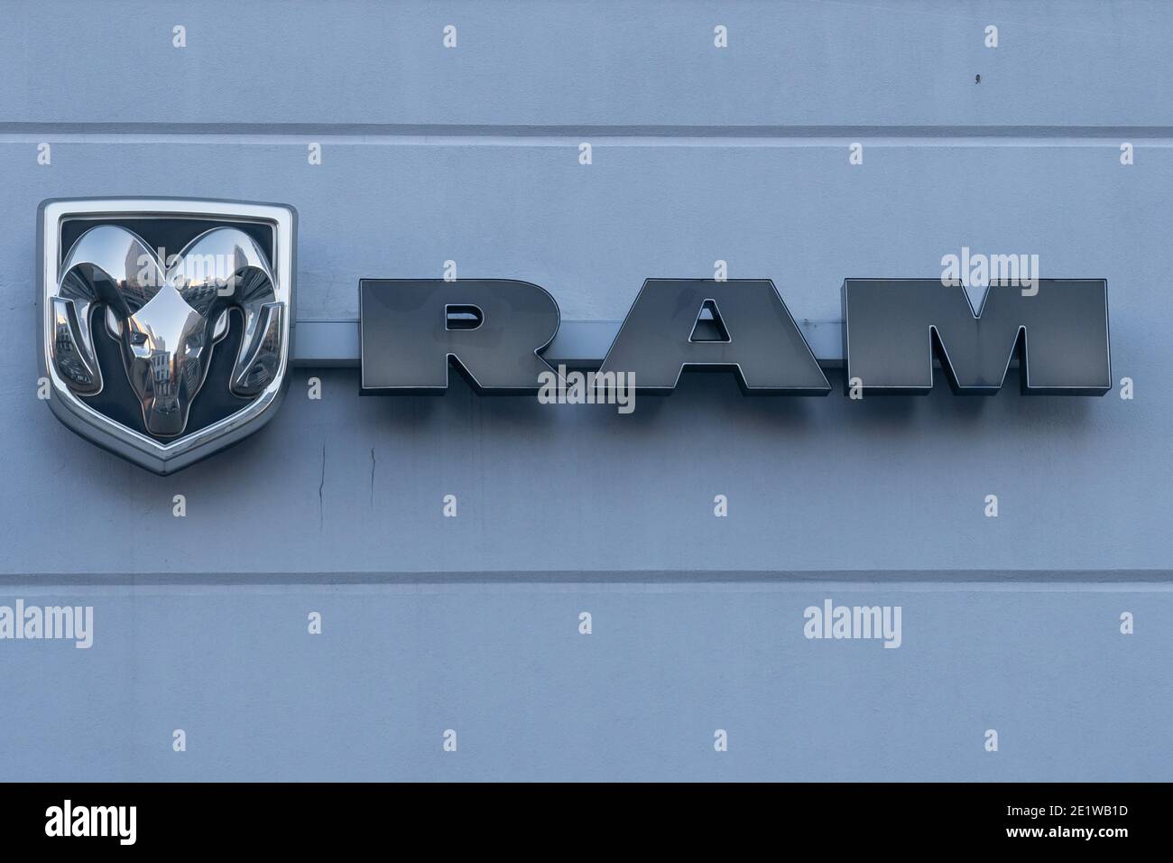 NEW YORK, NY – JANUARY 07, 2021: Ram logo seen at a dealership on Manhattan’s Upper West Side. Stock Photo