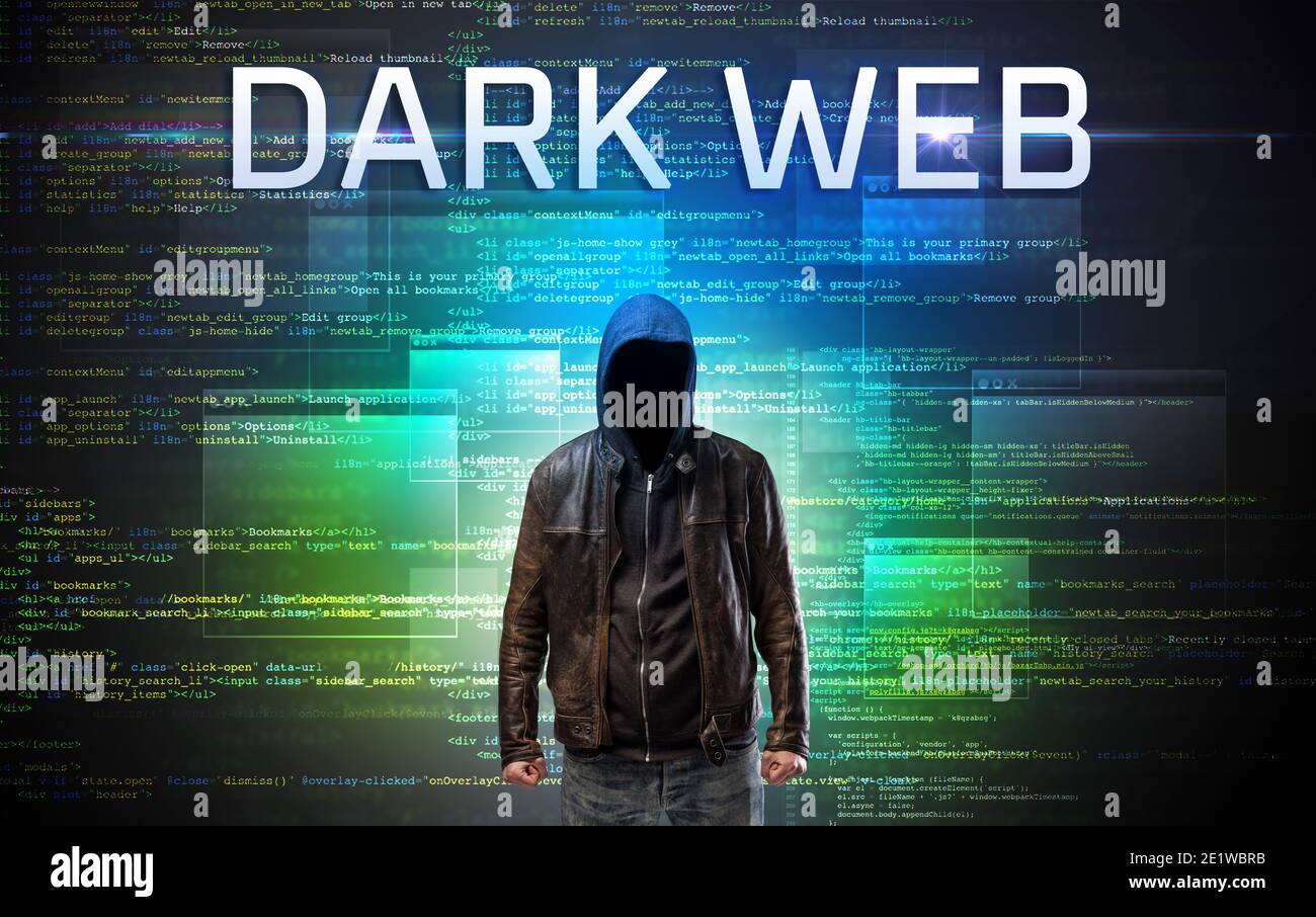 Faceless hacker with DARK WEB inscription on a binary code 