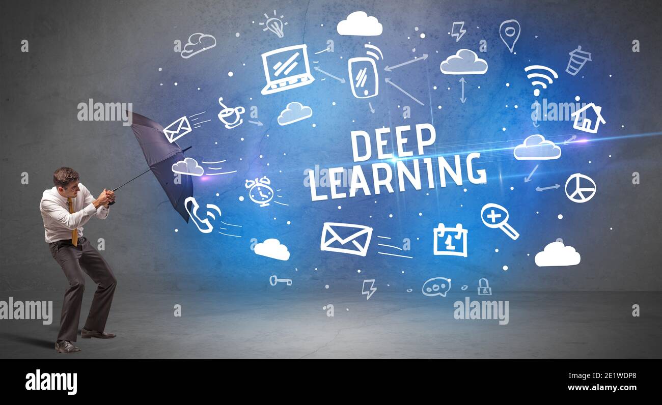 Defending To Learning Businessman defending with umbrella from DEEP LEARNING inscription ...