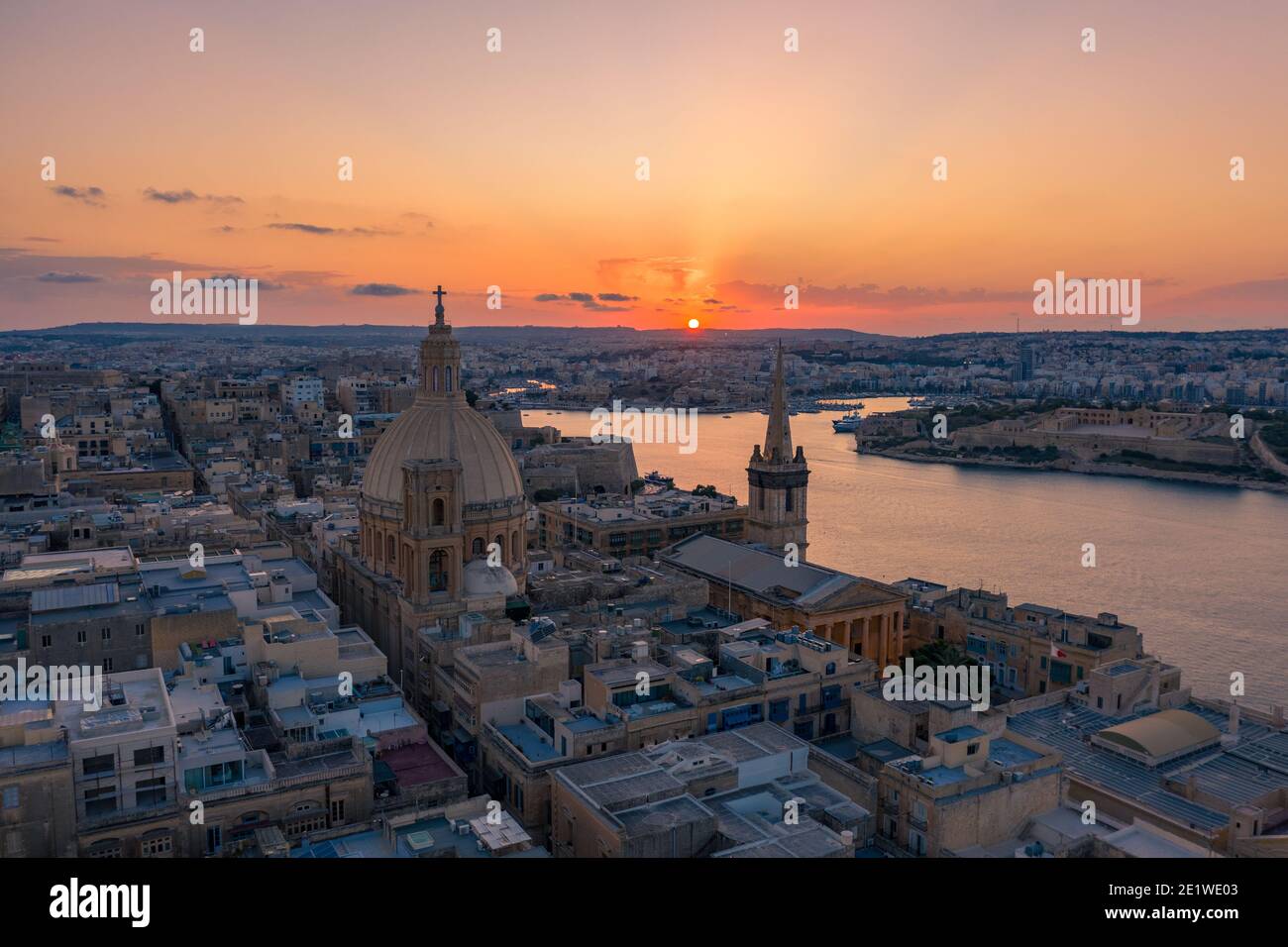 Aerial view of Valletta, Malta with Basilica of Our Lady of Mount