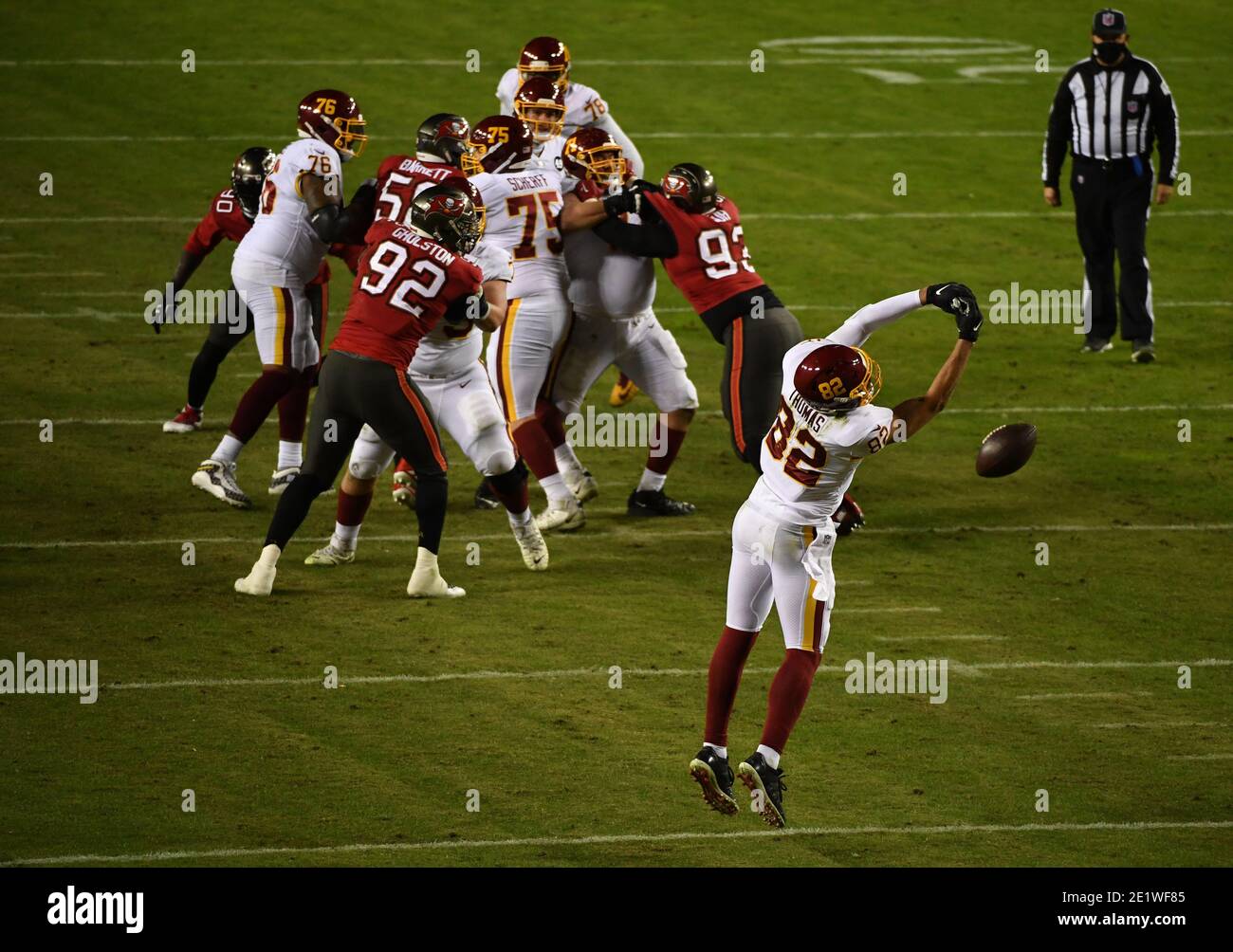 Landover, United States. 10th Jan, 2021. Washington Football Team tight end Logan Thomas (82) misses a pass against the Tampa Bay Buccaneers in the second half of a wild card playoff game at FedEx Field in Landover, Maryland on Saturday, January 9, 2021. The Buccaneers defeated the Washington Football Team 31-23. Photo by Kevin Dietsch/UPI. Credit: UPI/Alamy Live News Stock Photo