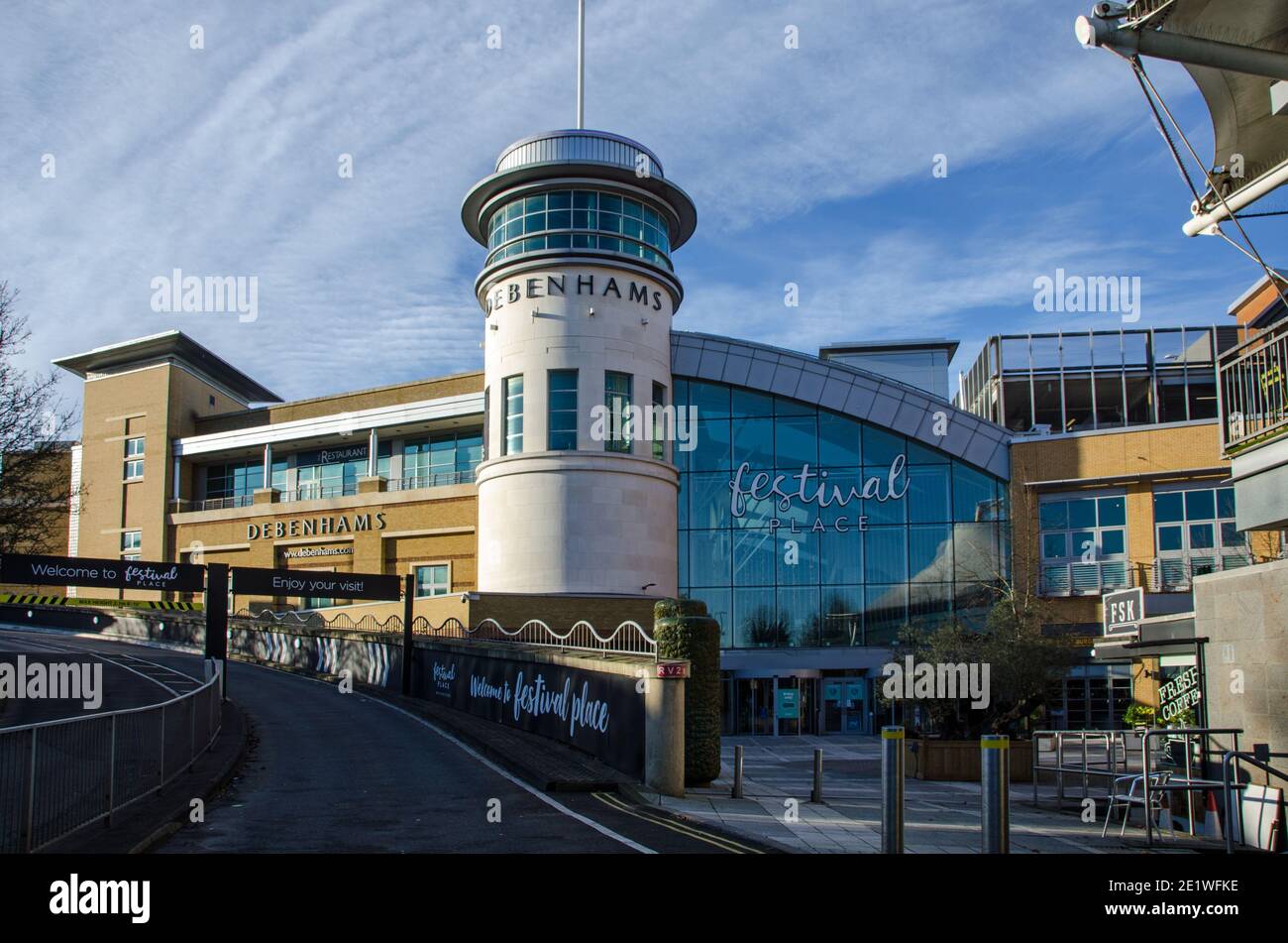 Basingstoke, UK - December 25, 2020: Entrance to the large Festival Place shopping centre in the middle of Basingstoke, Hampshire on a sunny winter mo Stock Photo