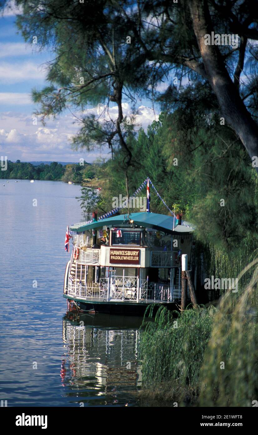 HAWKESBURY RIVER PADDLEWHEELER MOORED, NEW SOUTH WALES, AUSTRALIA. Stock Photo