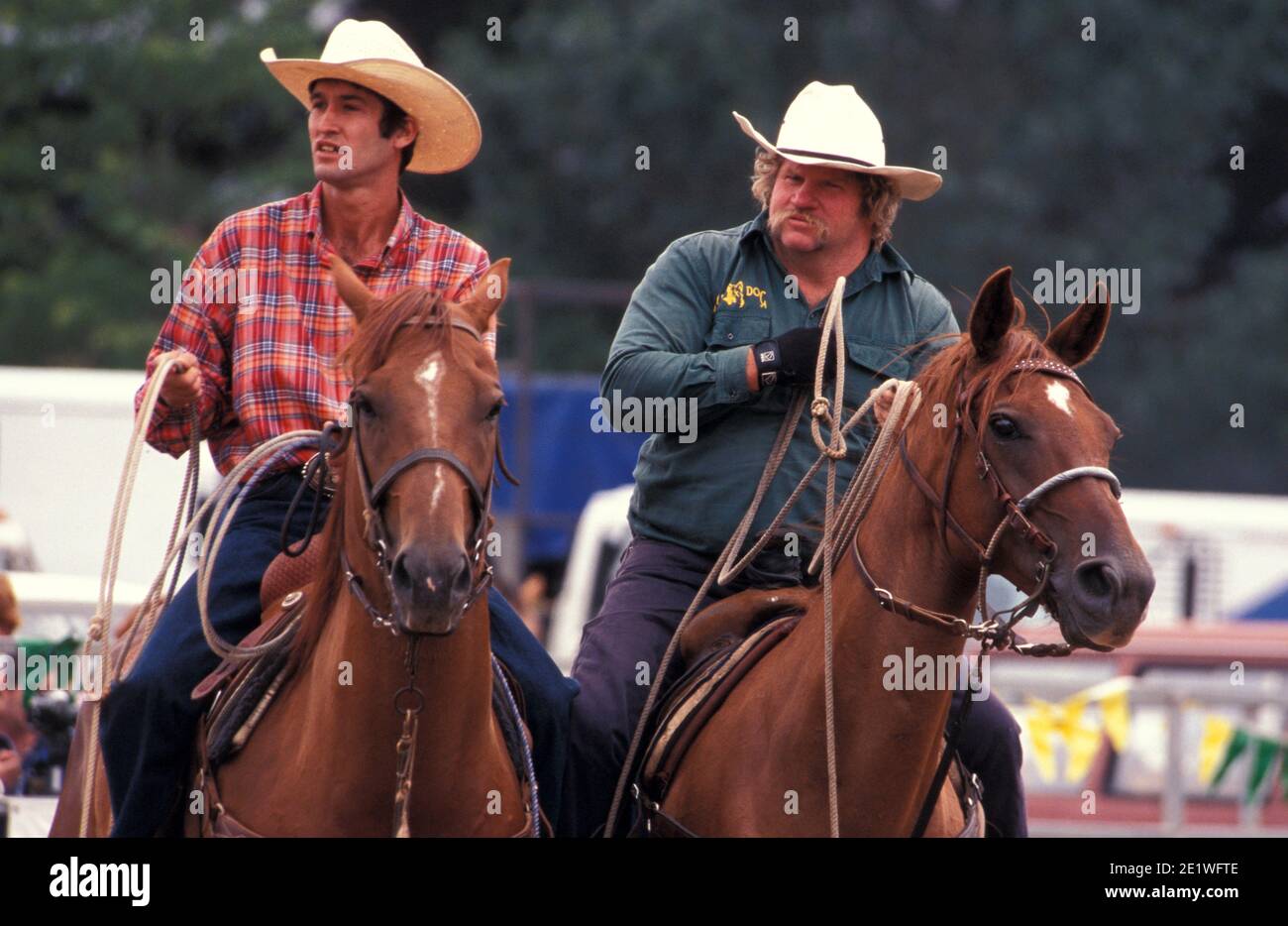 TWO RIDERS PARTICIPATING IN A RODEO, NEW SOUTH WALES, AUSTRALIA. Stock Photo