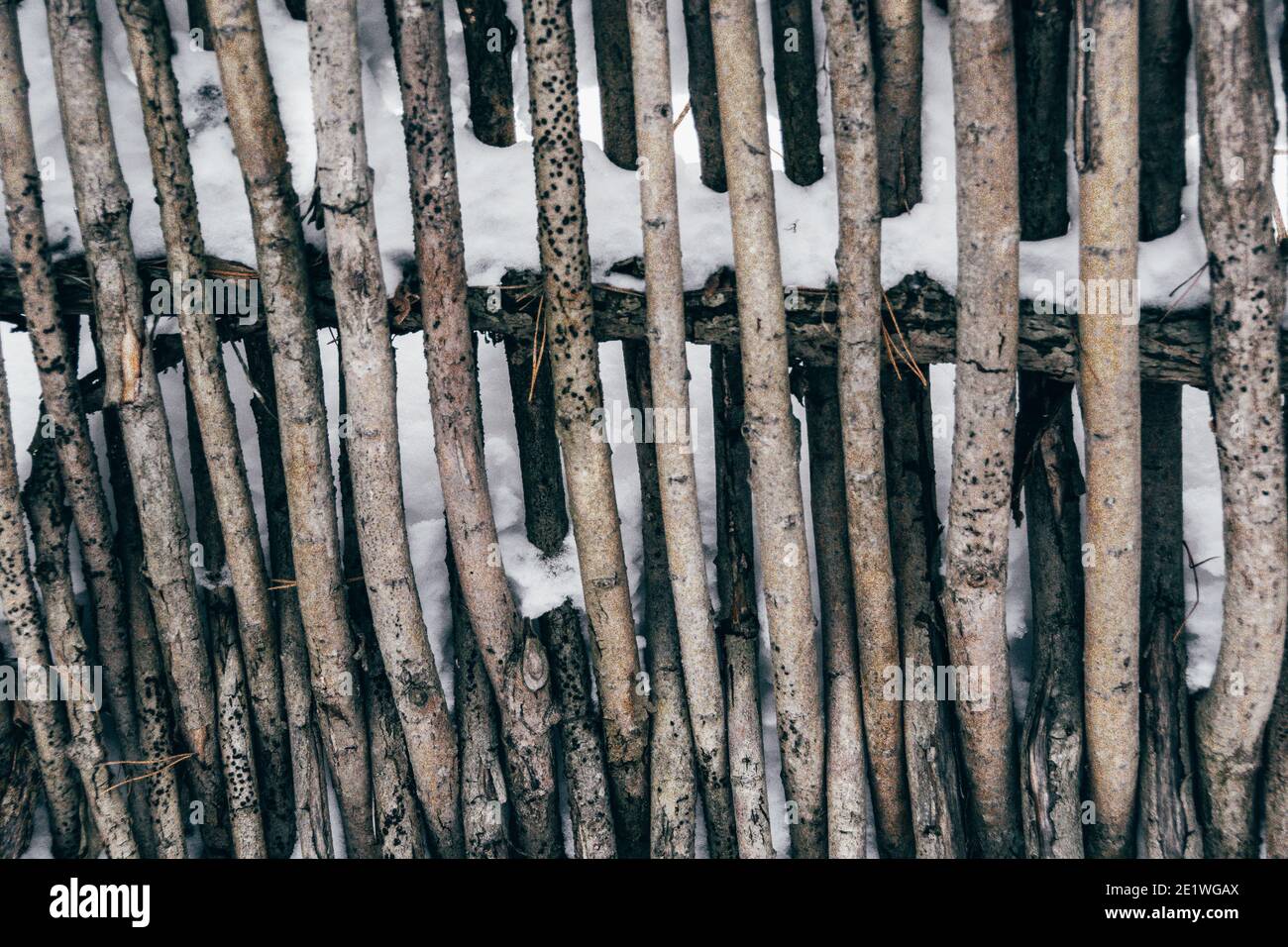 Old wooden village fence made of branches under snow Stock Photo - Alamy