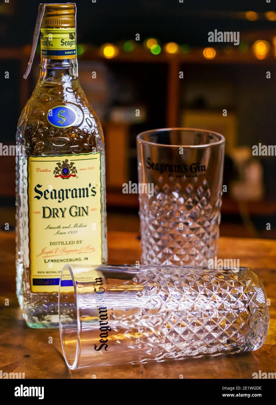 BARCELONA, SPAIN - JANUARY 3, 2021: Bottle of Seagrams Gin, the best selling gin, produced since 1939. Stock Photo