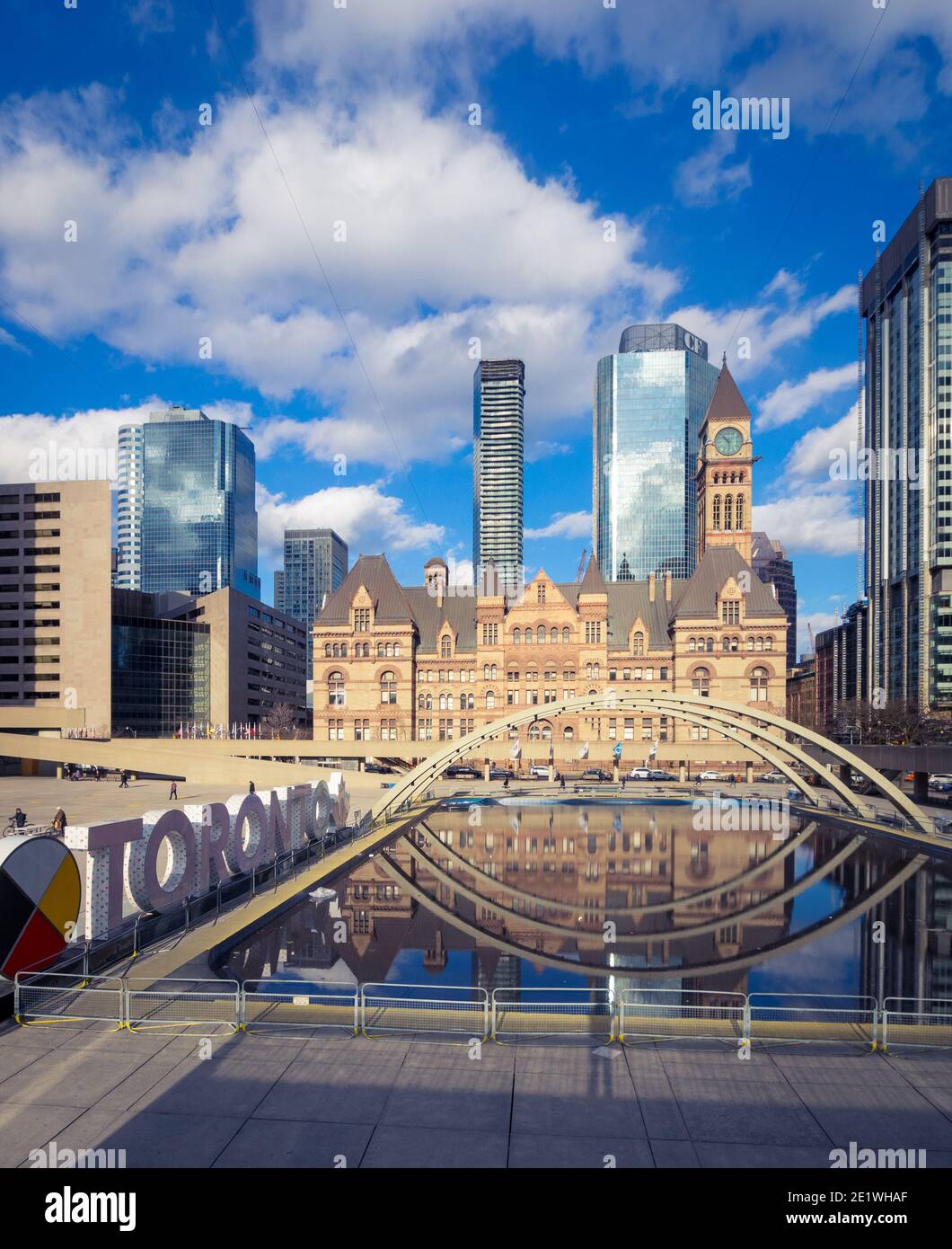 A view of Old City Hall, 3D TORONTO sign, and Nathan Phillips Square in downtown Toronto, Ontario, Canada. Stock Photo